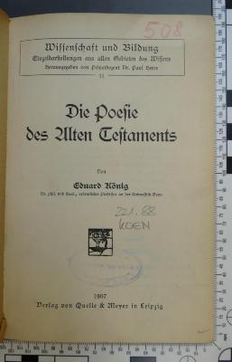 221.88 KOEN;Mj 243;III 33 ;; ;;: Die Poesie des Alten Testaments (1907)