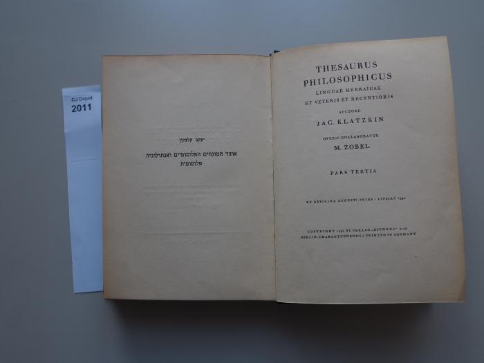  Thesaurus philosophicus linguae Hebraicae et veteris et recentioris. [=Philosophische Wortschatzsammlung der hebräischen Sprache und jüngeren Vergangenheit.] (1930)