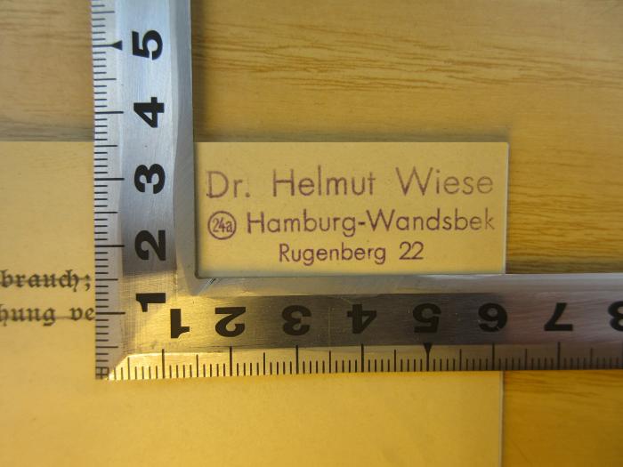 PE 0811 C - 44 /2 : Ordnung der Prüfung für das Lehramt an der Volksschule (1927);- (Wiese, Helmut), Stempel: Name, Ortsangabe; 'Dr. Helmut Wiese 24a Hamburg-Wandsbek Rugenberg 22'. 