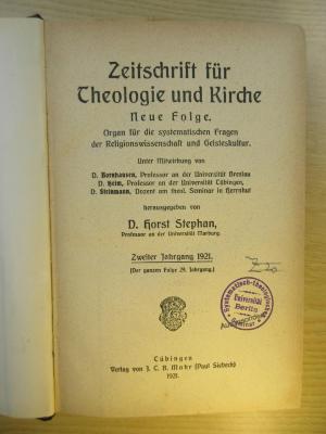 BA 8900 : Zeitschrift für Theologie und Kirche : Neue Folge. Organ für die systematischen Fragen der Religionswissenschaft und Geisteskultur. (1921)