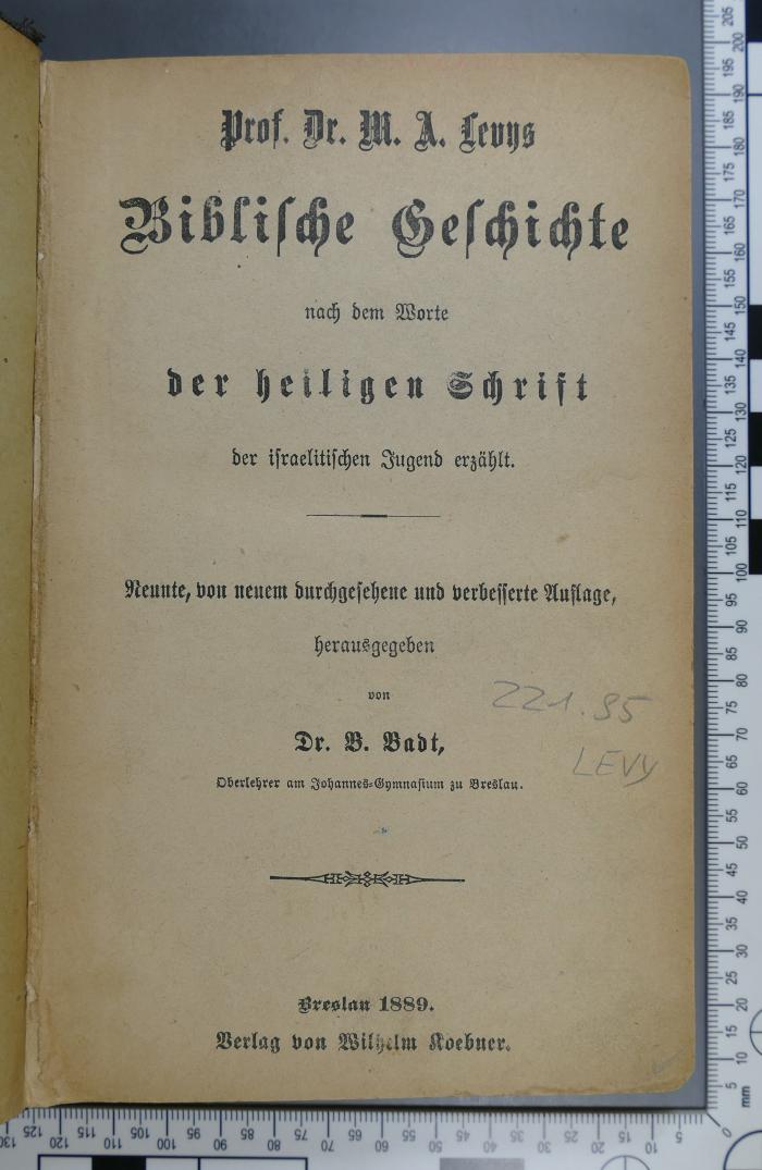 221.95 LEVY : Biblische Geschichte : nach dem Worte der heiligen Schrift der israelitischen Jugend erzählt  (1889)