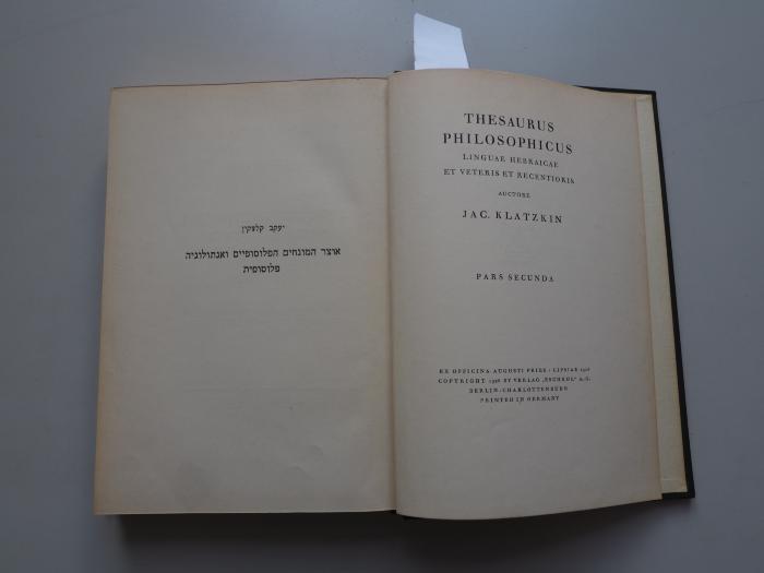  Thesaurus philosophicus linguae Hebraicae et veteris et recentioris. [=Philosophische Wortschatzsammlung der hebräischen Sprache und jüngeren Vergangenheit.] (1928)