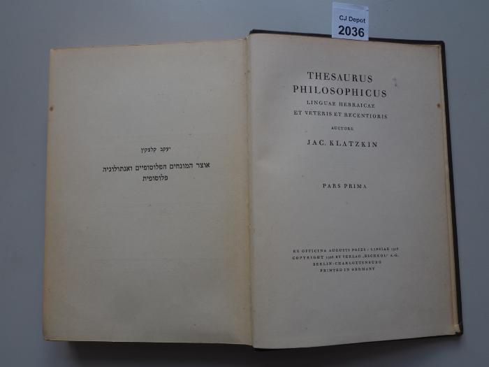  Thesaurus philosophicus linguae Hebraicae et veteris et recentioris. [=Philosophische Wortschatzsammlung der hebräischen Sprache und jüngeren Vergangenheit.] (1928)