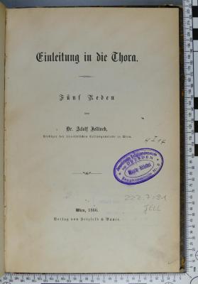 222.7=31 JELL;H I 14 ; ;: Einleitung in die Thora : fünf Reden  (1866)