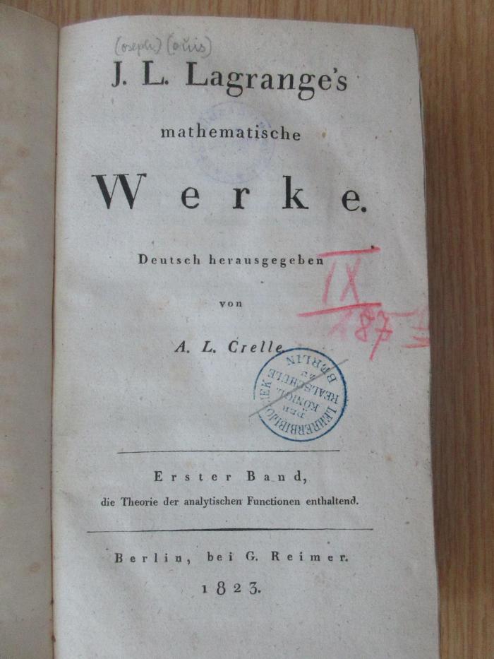 1 T 33-1-3 : J. L. Lagrange's mathematische Werke. Bd. 1-3 (1823-24)