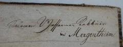 - (Wassermann, Salomon), Von Hand: Autogramm, Name, Ortsangabe, Berufsangabe/Titel/Branche; 'Salomon Wassermann Rabbiner in Mergentheim.'. 