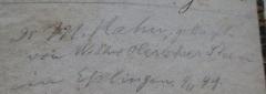- (Kahn, Moses;Stern, Sara), Von Hand: Berufsangabe/Titel/Branche, Notiz, Name, Datum, Besitzwechsel, Ortsangabe; 'Dr. M. Kahn; gekauft von Witwe Oberlehrer Stern in Esslingen. 4.11.99'. 