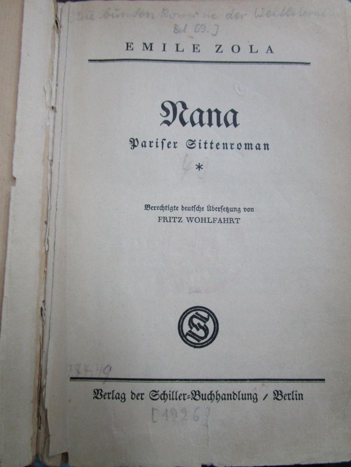 Ct 2230: Nana : Pariser Sittenroman (1926);- (unbekannt), Ausriss. ;- (unbekannt), Von Hand: Nummer; '274.49'. 