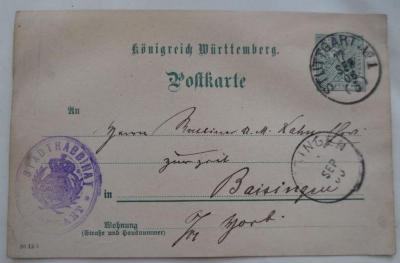 - (Kahn, Moses), Post: Autogramm, Name, Datum, Ortsangabe; 'Stuttgart No 1, 17. Sep 06 (5)
Königreich Württemberg. Postkarte
An Herrn Rabbinner Dr. M Kahn [...] zurzeit in Baisingen. "Baisingen SEP [...]"
Wohnung (Straße und Hausnummer): Gm. Vorb

Stuttgart, 17/IX 06
Sehr geehrter Herr Dr.! Hierdurch bitte ich sie auf Anfrage des Herrn Kirchenrat Dr. Kroner Ihr Referat betr. Spruchbuch in Reinschrift betr. Vorlage an die K. Israel. Oberkirchenbehörde baldigst einzusenden. - die Einladungen zur Versendung von 25 Mi. werden auf ר"ה versendet. Jet. Etoler

עריש י אב לאם י ל בן ממ פפ חורתש'. ; .ספר: חדושי הריט"בא
[= Die Neuerungen Ritvas] (1868)
