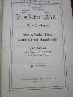 Bm 380 2.Ex.: "Zehn Jahre in Afrika" : Reise-Erlebnisse in Egypten, Rubien, Sudan, Deutsch Ost- und Südwest-Afrika (o.J.)