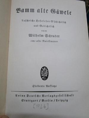 Cx 196 g: Bamm alte Gäwele : Luschtiche Hoheloher G'schichtlich und Gedichtlich (1926)