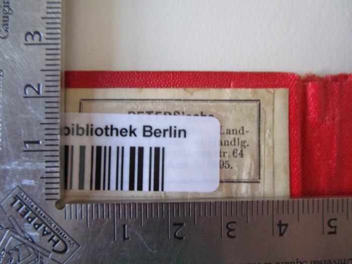 - (Hermann Peters (Literarisches Institut) (Berlin)), Etikett: Buchhändler, Name, Ortsangabe; 'Peters'sche [...]
Charlottenstr. 64 [...]'.  (Prototyp);Bk 1280: Provinz Westpreußen (um 1890)