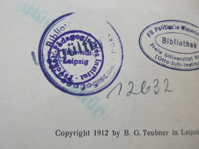 Es 34 3 : Grundfragen der Schulorganisation (1912);- (Psychol. Pädagogisches Institut Universität Leipzig), Stempel: Name, Ortsangabe; 'Psychol. Pädagogisches Institut Universität Leipzig'. 
