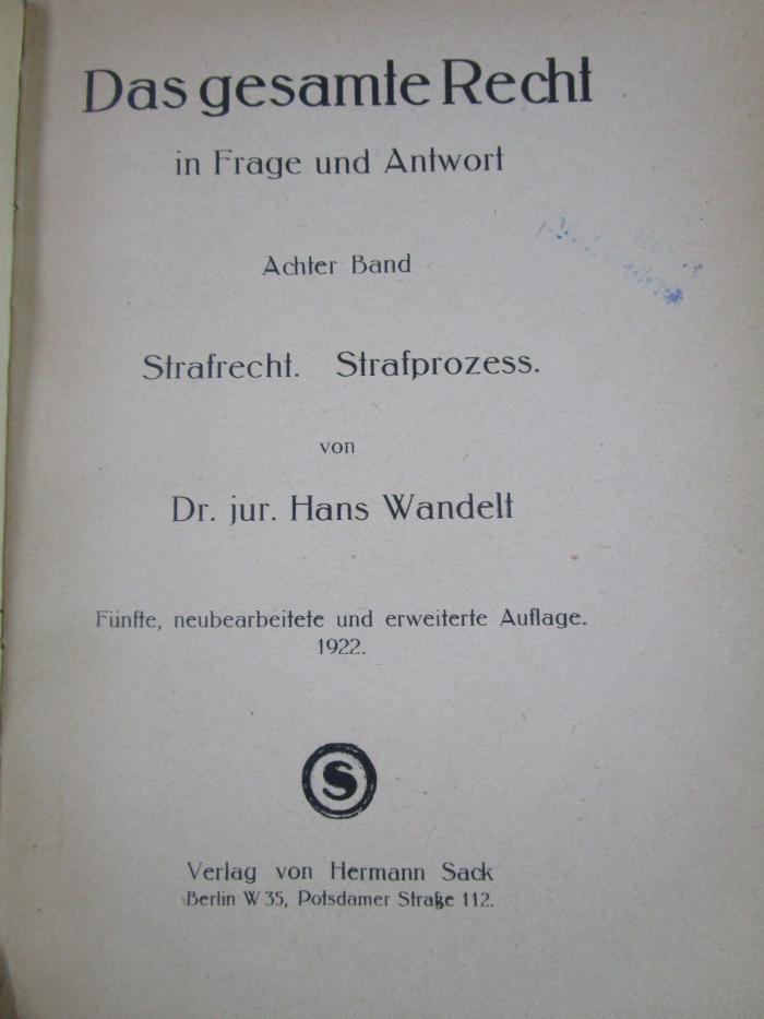 Ea 276 e 5: Strafrecht. Strafprozess. (1922)