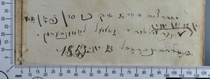 - (Löwenherz), Von Hand: Notiz; 'יאהרצייט האבע איך כו סון פאן אדר
 דען 22 סען יוני מיינר מוטטער. זאמועל לאווענהערץ
רהיינבראהל 23 יוני 1853
'. 