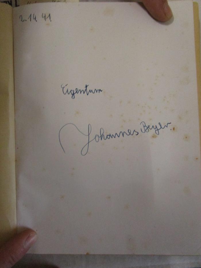 Kibu 951: Auerbachs Deutscher Kinder-Kalender 1941 (1940);- (Beyer, Johannes), Von Hand: Autogramm, Name, Datum; '2.14.41.
Eigentum Johannes Beyer'. 