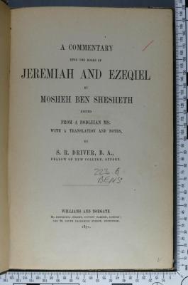 233.6 BENS;Ce 58 ; ;: A Commentary upon the Books of Jeremiah and Ezeqiel (1871)